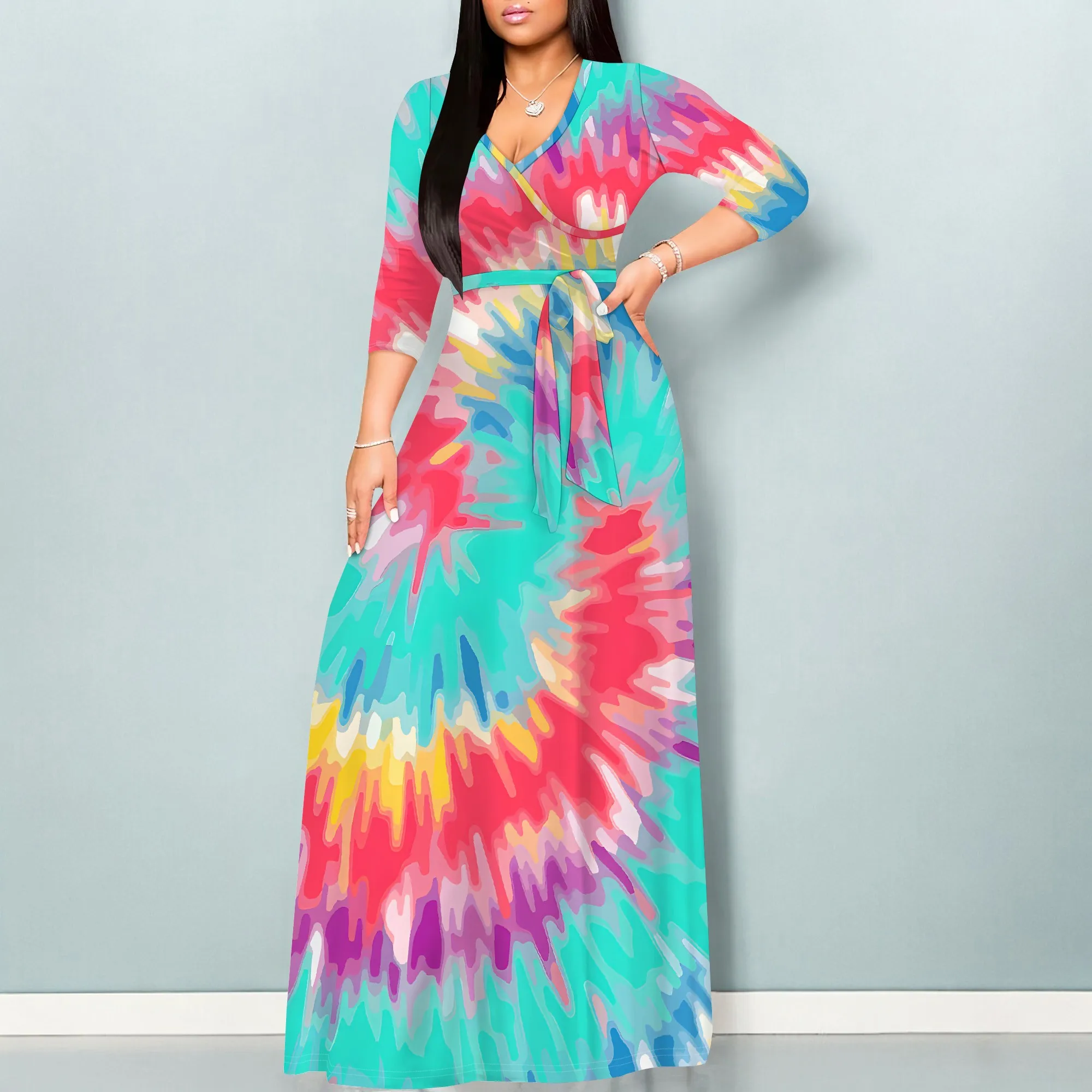 Colorful Tie-Dye V-Neck 3/4 Sleeve Wrap Maxi Dress with Belt - Women's Bold Bohemian Party Evening Resortwear
Colorful Tie-Dye V-Neck 3/4 Sleeve Wrap Maxi Dress with Belt - Women's Bold Bohemian Party Evening Resortwear