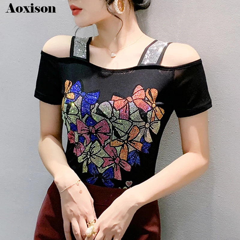 Aoxison Streetwear Girl Summer Cartoon Design Hot Diamonds T-Shirt Women Sexy Off Shoulder Slim Mesh Tops Chic Luxury Tees
Aoxison Streetwear Girl Summer Cartoon Design Hot Diamonds T-Shirt Women Sexy Off Shoulder Slim Mesh Tops Chic Luxury Tees