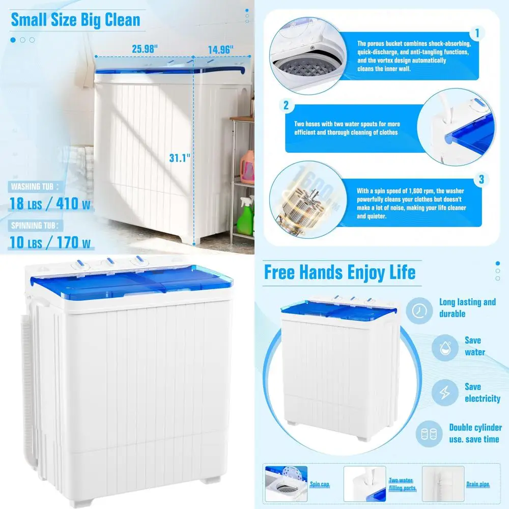 Compact Twin Tub Mini Washer & Dryer Combo, 28 lbs Capacity, Long Hose, Ideal for RVs, Dorms (Blue)
Compact Twin Tub Mini Washer & Dryer Combo, 28 lbs Capacity, Long Hose, Ideal for RVs, Dorms (Blue)