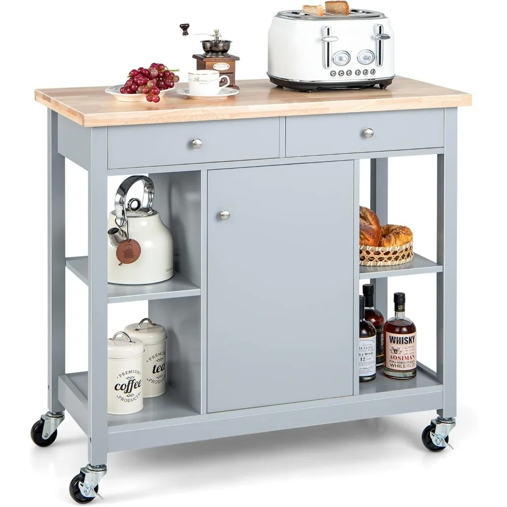 Mobile Kitchen Island Cart, Rolling Kitchen Island w/Rubber Wood Top, 4 Open Shelves, 2 Deep Drawers, 1 Enclosed Cabinet
Mobile Kitchen Island Cart, Rolling Kitchen Island w/Rubber Wood Top, 4 Open Shelves, 2 Deep Drawers, 1 Enclosed Cabinet