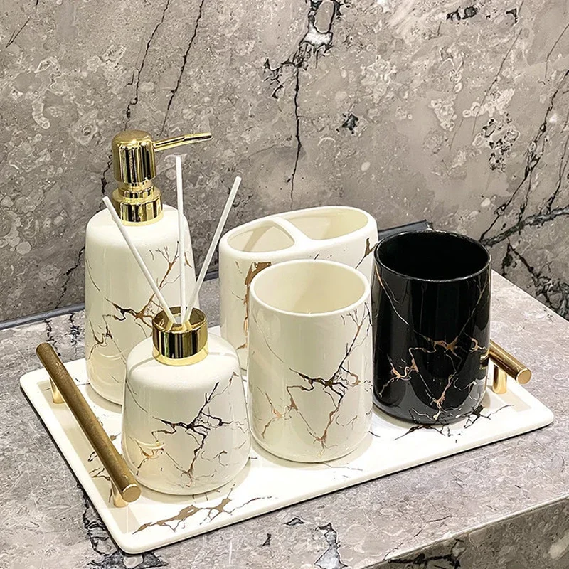 6-piece Bathroom Supplies Ceramic Marble Mug Emulsion Bottle Toothbrush Holder Storage Tray Bathroom Decoration Accessories
6-piece Bathroom Supplies Ceramic Marble Mug Emulsion Bottle Toothbrush Holder Storage Tray Bathroom Decoration Accessories