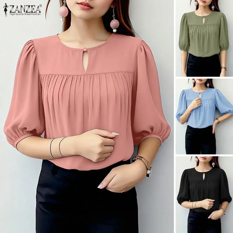 Women Summer Blouse ZANZEA Elegant Solid Color OL Work Shirt Casual O Neck Short Sleeve Tops Stylish Pleated Mujer Holiday Tunic
Women Summer Blouse ZANZEA Elegant Solid Color OL Work Shirt Casual O Neck Short Sleeve Tops Stylish Pleated Mujer Holiday Tunic