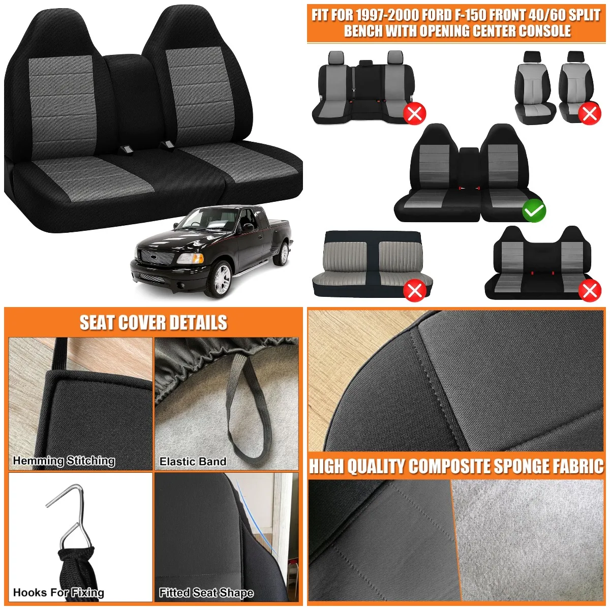 Truck Seat Cover for 1997-2000 Ford F-150 Front 40/60 Split Bench with Center Console, No Airbag Near Headrest
Truck Seat Cover for 1997-2000 Ford F-150 Front 40/60 Split Bench with Center Console, No Airbag Near Headrest