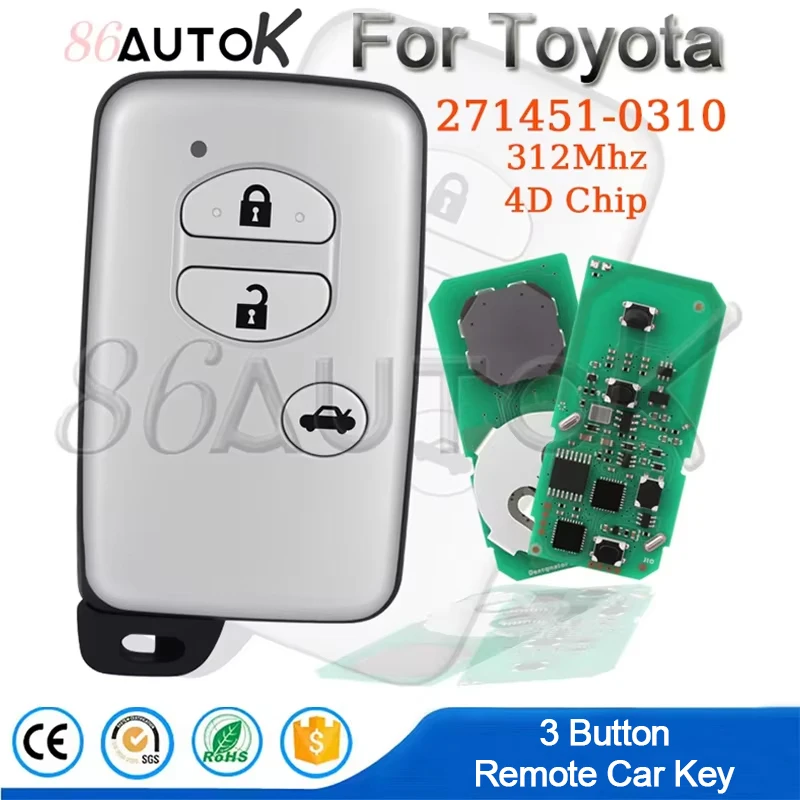 Remote Car Key Fob 271451-0310 for Toyota Camry Crown Mark X Majesta Japanese Imported 2005-2010 312mhz 4D Chip Auto Smart Key
Remote Car Key Fob 271451-0310 for Toyota Camry Crown Mark X Majesta Japanese Imported 2005-2010 312mhz 4D Chip Auto Smart Key