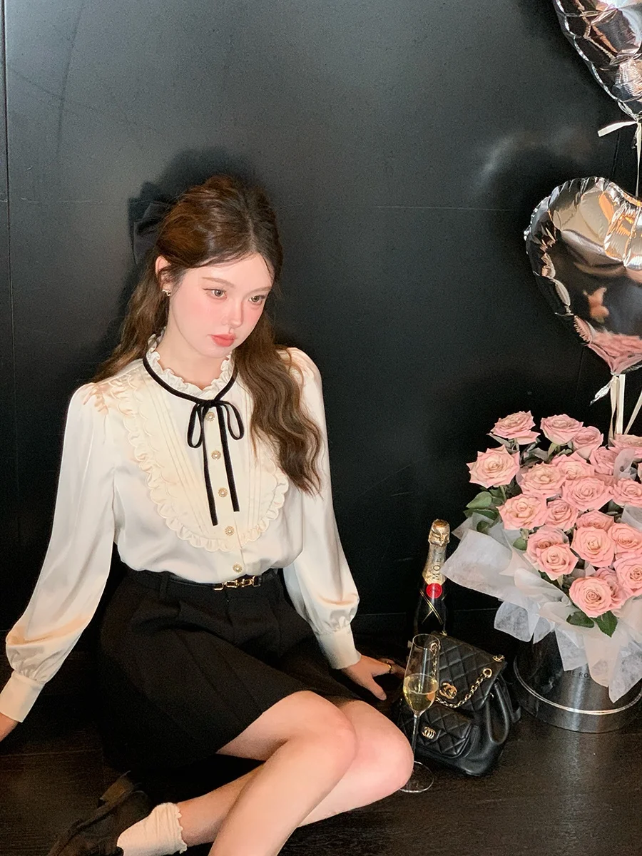 Faux Wrap Knot Long Sve White irt Women's Inner Wear French Sle Stand Collar Button Detail Cuff irt
Faux Wrap Knot Long Sve White irt Women's Inner Wear French Sle Stand Collar Button Detail Cuff irt