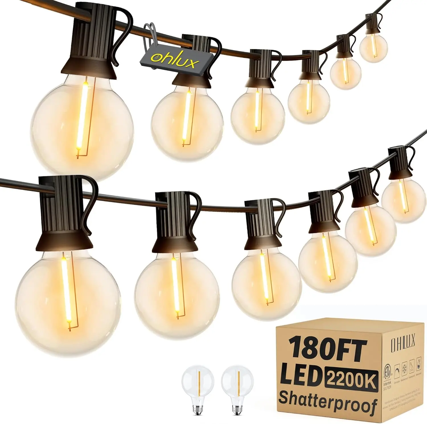 180FT LED Patio String Lights, 82 Dimmable G40 Bulbs + 2 Spares, 2200K Warm Waterproof Connectable for Backyard Porch Party Decor E12
180FT LED Patio String Lights, 82 Dimmable G40 Bulbs + 2 Spares, 2200K Warm Waterproof Connectable for Backyard Porch Party Decor E12