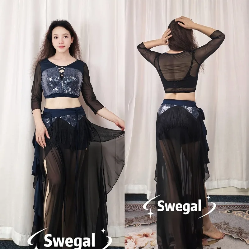 Customized Belly Dance Costumes Practice Dress Black Mesh Patchwork Blue Glitter Performance Dress Series with Tassel Hip Scarf
Customized Belly Dance Costumes Practice Dress Black Mesh Patchwork Blue Glitter Performance Dress Series with Tassel Hip Scarf