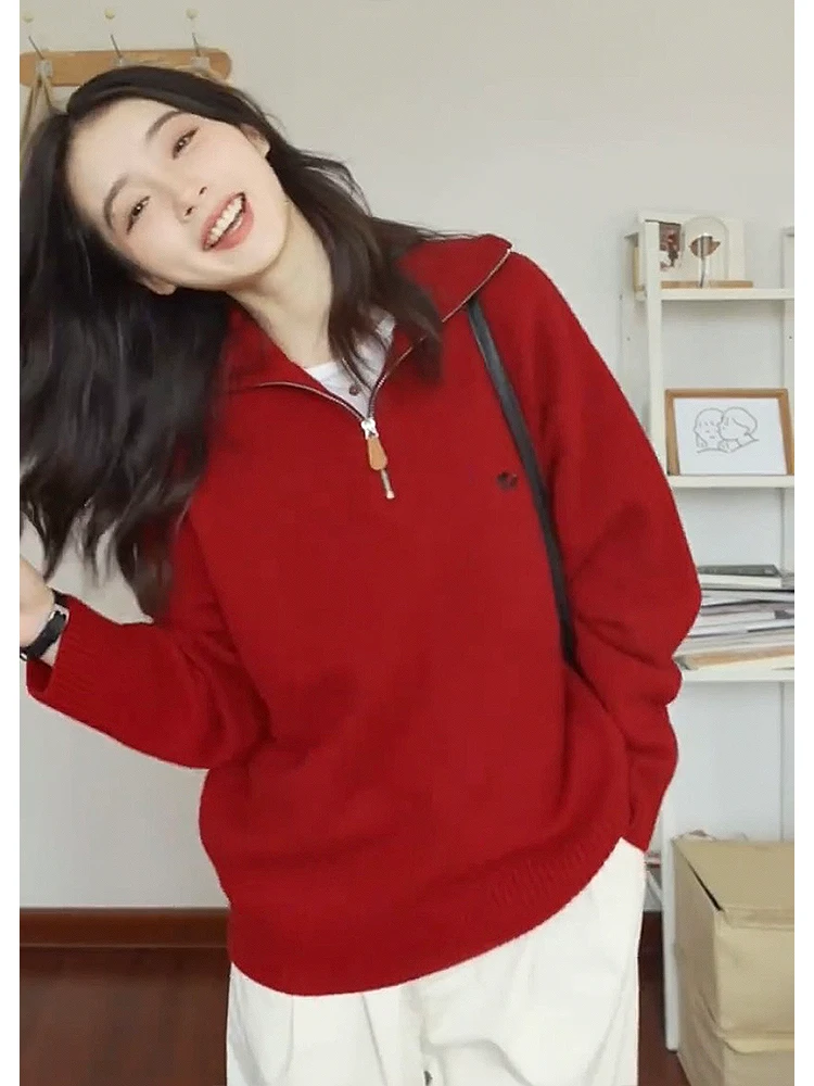 Японский свитер в стиле ретро Lazy f с воротником на молнии, женский осенне-зимний праздничный свитер с атмосферой, повседневный красный вязаный свитер
Японский свитер в стиле ретро Lazy f с воротником на молнии, женский осенне-зимний праздничный свитер с атмосферой, повседневный красный вязаный свитер