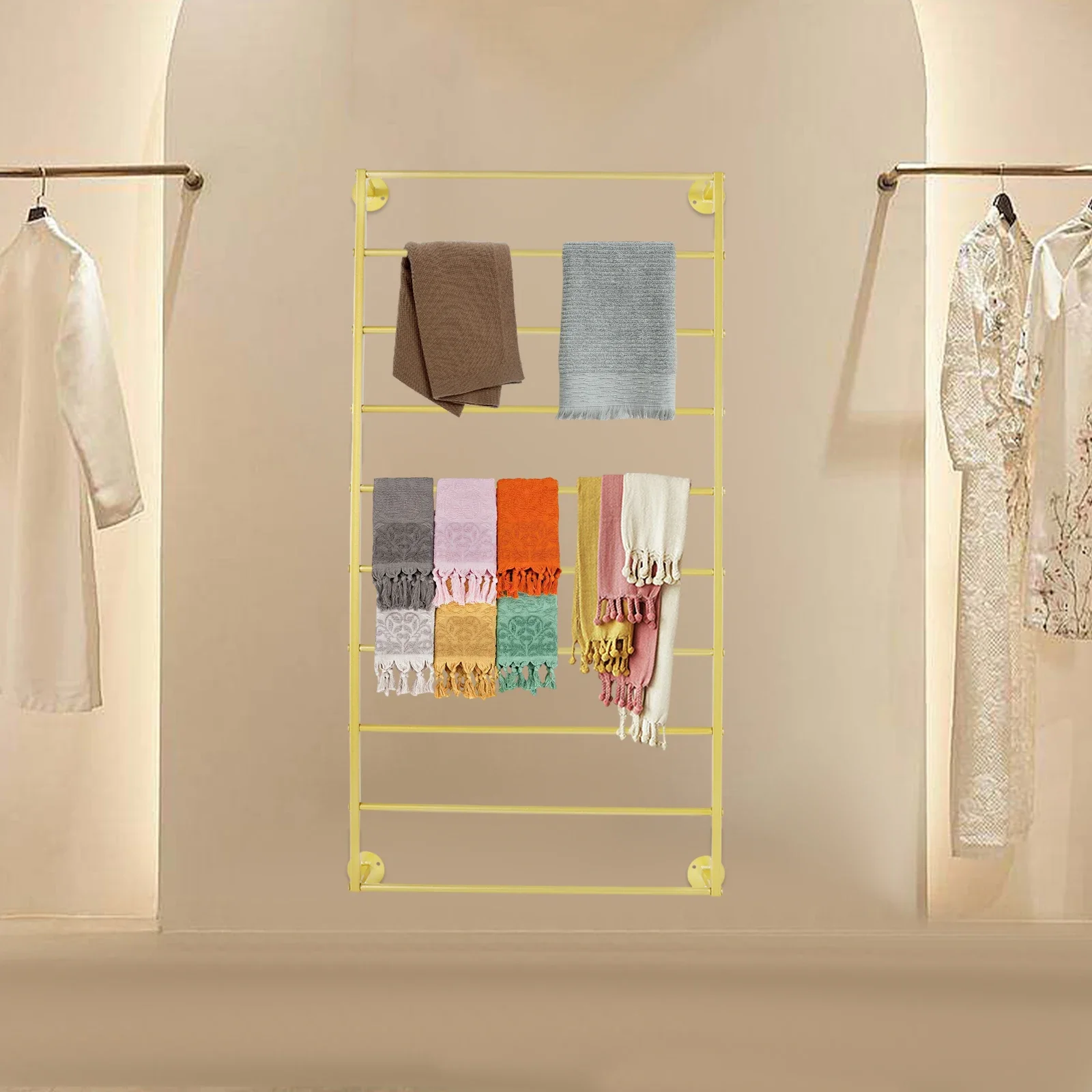 Premium Wall Mounted Rectangle Scarf & Towel Organizer Rack,10-Tier Modern Gold Iron Display Shelf for Retail Store & Home Decor
Premium Wall Mounted Rectangle Scarf & Towel Organizer Rack,10-Tier Modern Gold Iron Display Shelf for Retail Store & Home Decor