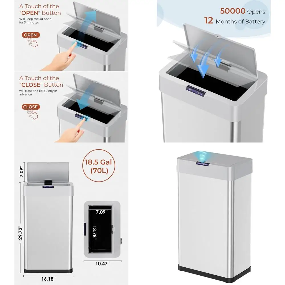18.5 Gallon Automatic Touchless Trash Can with Lid, 70L Stainless Steel Bin for Kitchen, Office, RV, and Home
18.5 Gallon Automatic Touchless Trash Can with Lid, 70L Stainless Steel Bin for Kitchen, Office, RV, and Home