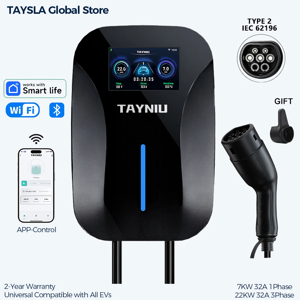 TAYNIU Wallbox 7kW/22KW With APP 32A 1Phase/3Phase Home Charging Station 5m Type 2 Charging Cable EV Charger For PHEV And EV Car
TAYNIU Wallbox 7kW/22KW With APP 32A 1Phase/3Phase Home Charging Station 5m Type 2 Charging Cable EV Charger For PHEV And EV Car