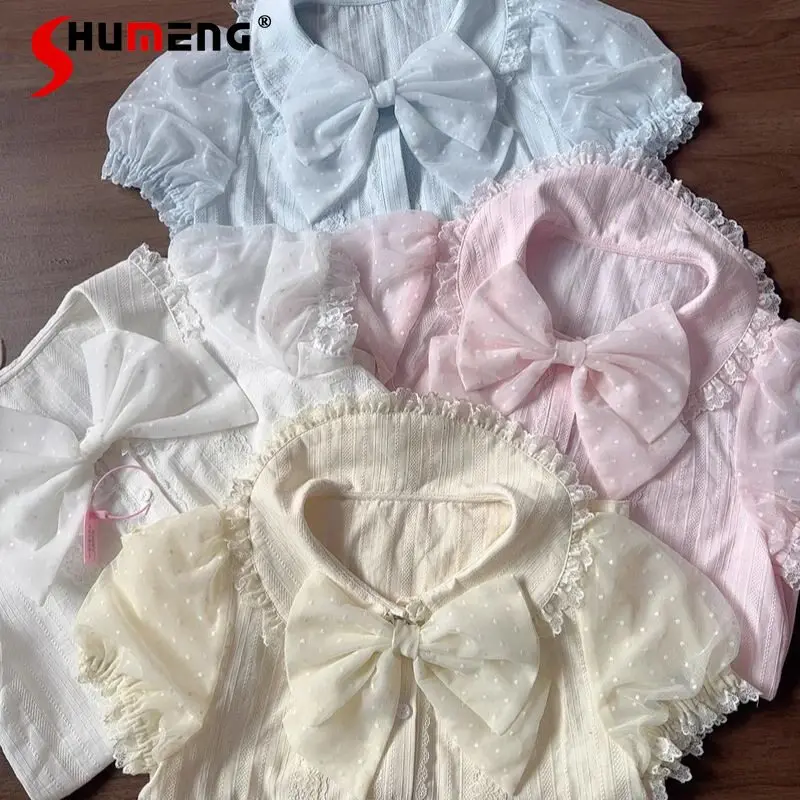 Japanese Style Girl's Sweet Lolita Shirt and Blouses Summer New Cute Bow Lace Stitching Bubble Sleeve Shirt Top for Women
Japanese Style Girl's Sweet Lolita Shirt and Blouses Summer New Cute Bow Lace Stitching Bubble Sleeve Shirt Top for Women