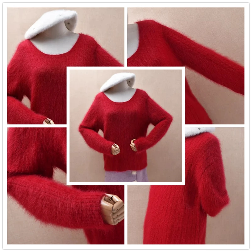 Ladies Women Autumn Winter Clothing Red Hairy Angora Rabbit Hair Knitted O-Neck Slim Blouses Pullover Mink Fur Sweater Jumper
Ladies Women Autumn Winter Clothing Red Hairy Angora Rabbit Hair Knitted O-Neck Slim Blouses Pullover Mink Fur Sweater Jumper