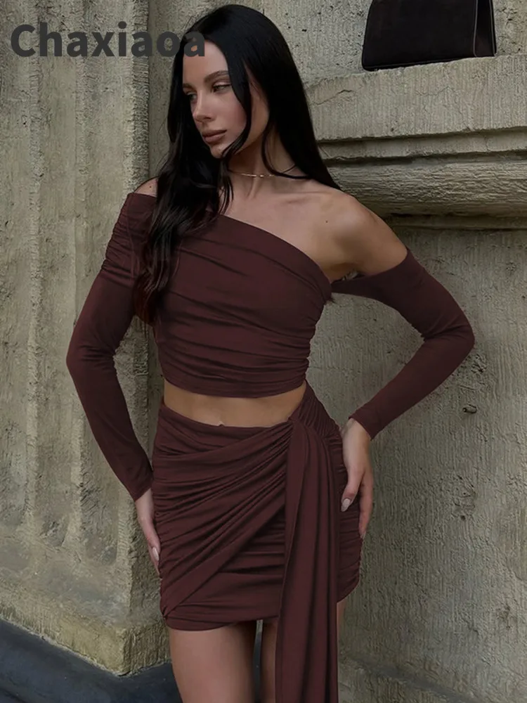 Chaxiaoa Long Sleeve Sexy Dress Set Women Skew Collar Backless Top and Mini Skirt Matching Sets Ruched Club Skirt Two Piece Set
Chaxiaoa Long Sleeve Sexy Dress Set Women Skew Collar Backless Top and Mini Skirt Matching Sets Ruched Club Skirt Two Piece Set