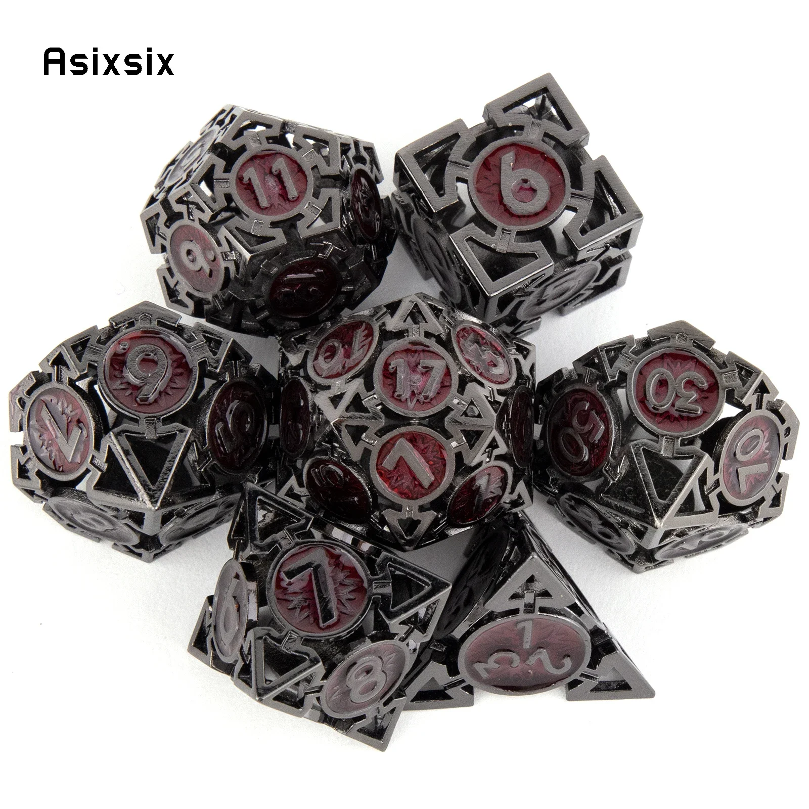7 Pcs Black Red Metal Dice Circular Hollow Metal Polyhedral Dice Set Suitable for Role-Playing RPG Board Game Card Game
7 Pcs Black Red Metal Dice Circular Hollow Metal Polyhedral Dice Set Suitable for Role-Playing RPG Board Game Card Game