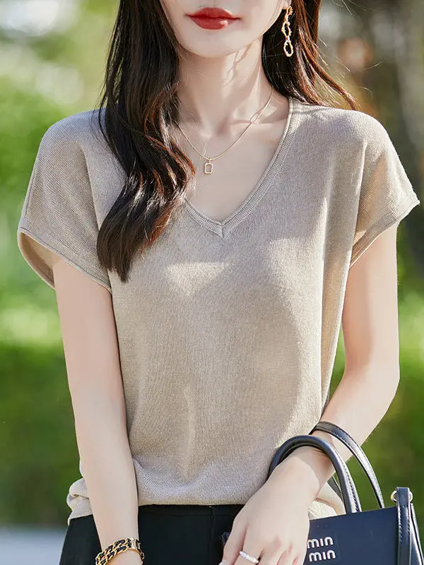 V-Neck Ice Silk Linen Knitted Miniature Sleeve T-Shirt Women Summer Thin Loose Slimming Top Lyocell T-Shirt French Style Casual
V-Neck Ice Silk Linen Knitted Miniature Sleeve T-Shirt Women Summer Thin Loose Slimming Top Lyocell T-Shirt French Style Casual