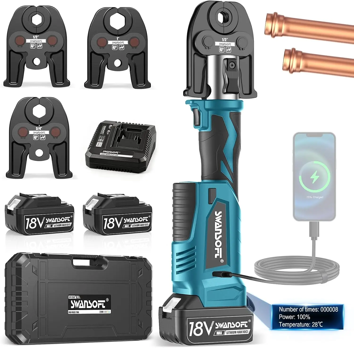 SWANSOFT Pro Press Tool, 18V 4Ah Battery Electric Hydraulic Crimping Tool for Copper Pipes with 3 US Compact VUS 1/2", 3/4'', 1",Jaws Pro Press Copper Plumbing Crimper Tool Kit(SWPR-12522)
SWANSOFT Pro Press Tool, 18V 4Ah Battery Electric Hydraulic Crimping Tool for Copper Pipes with 3 US Compact VUS 1/2", 3/4'', 1",Jaws Pro Press Copper Plumbing Crimper Tool Kit(SWPR-12522)