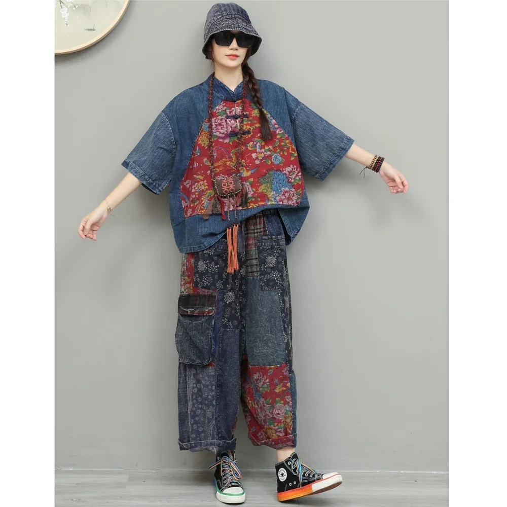 Artistic Cotton-linen Patchwork Vintage Fabric Women Summer Suit Short-sleeve Top + Loose Straight-leg Pant Two Piece Set XY153
Artistic Cotton-linen Patchwork Vintage Fabric Women Summer Suit Short-sleeve Top + Loose Straight-leg Pant Two Piece Set XY153