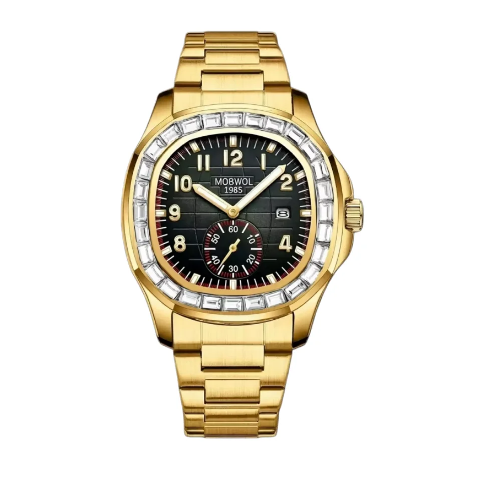 MOBWOL 1985 New Classic Diamond-Studded Luxury Stainless Steel Gold Watch Band Digital Calendar Men's Watch
MOBWOL 1985 New Classic Diamond-Studded Luxury Stainless Steel Gold Watch Band Digital Calendar Men's Watch