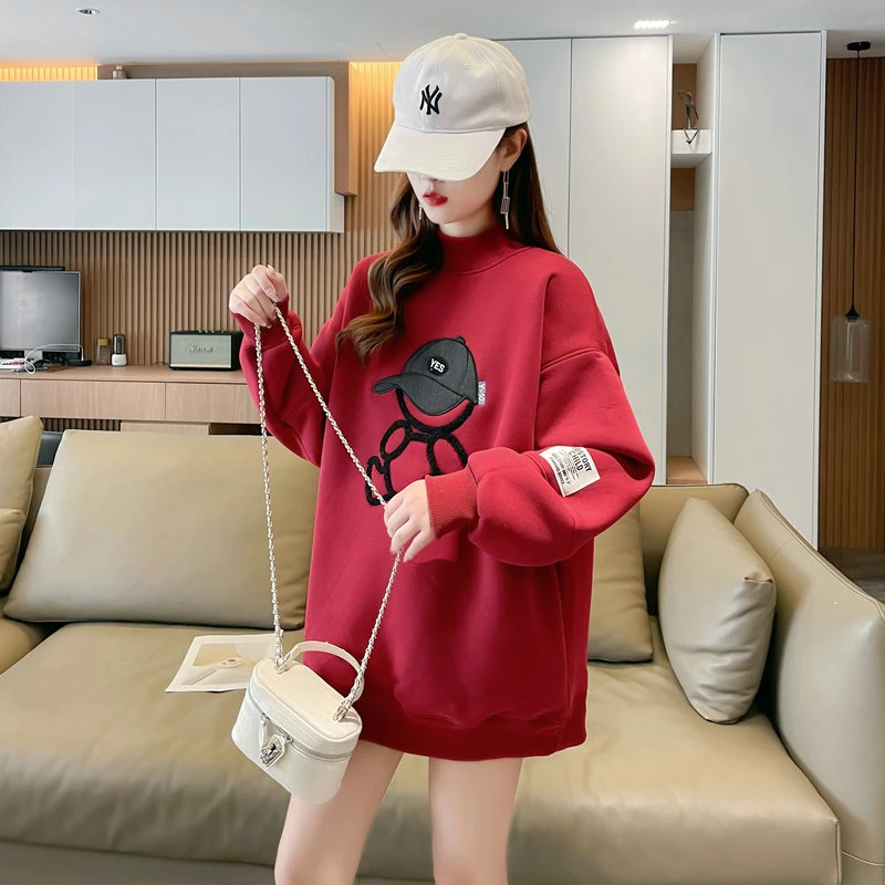 Thin Hoodies Women's O-neck Loose Sweatshirts Korean Girls Comic Bear Embroidery Oversize Pullovers Red Gray Bottom Tops
Thin Hoodies Women's O-neck Loose Sweatshirts Korean Girls Comic Bear Embroidery Oversize Pullovers Red Gray Bottom Tops