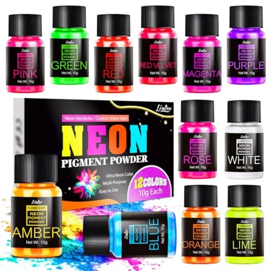 Neon Pigment Powder - 12 Colors Fluorescent Powder for Epoxy Resin, 3D Nail Art, Candle, Slime Dye, Neon Resin Dye for Painting
Neon Pigment Powder - 12 Colors Fluorescent Powder for Epoxy Resin, 3D Nail Art, Candle, Slime Dye, Neon Resin Dye for Painting