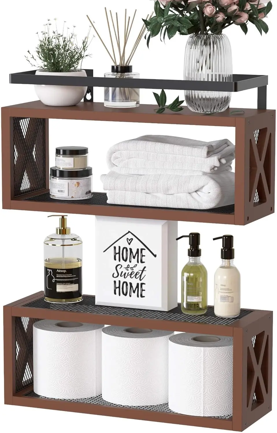 Floating Wood Shelves with Guardrail, Rustic Brown, Wall Mounted, 2 Shelves, Farmhouse Style
Floating Wood Shelves with Guardrail, Rustic Brown, Wall Mounted, 2 Shelves, Farmhouse Style