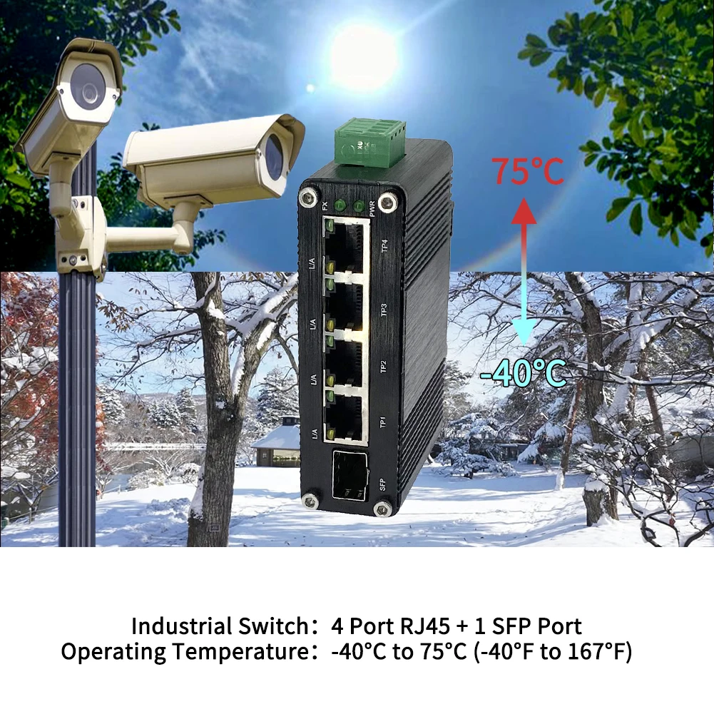 Industrial Gigabit Ethernet Switch IP40 Aluminum Housing Operates -40°C to 80°C with 12-48VDC Wide Voltage Input
Industrial Gigabit Ethernet Switch IP40 Aluminum Housing Operates -40°C to 80°C with 12-48VDC Wide Voltage Input