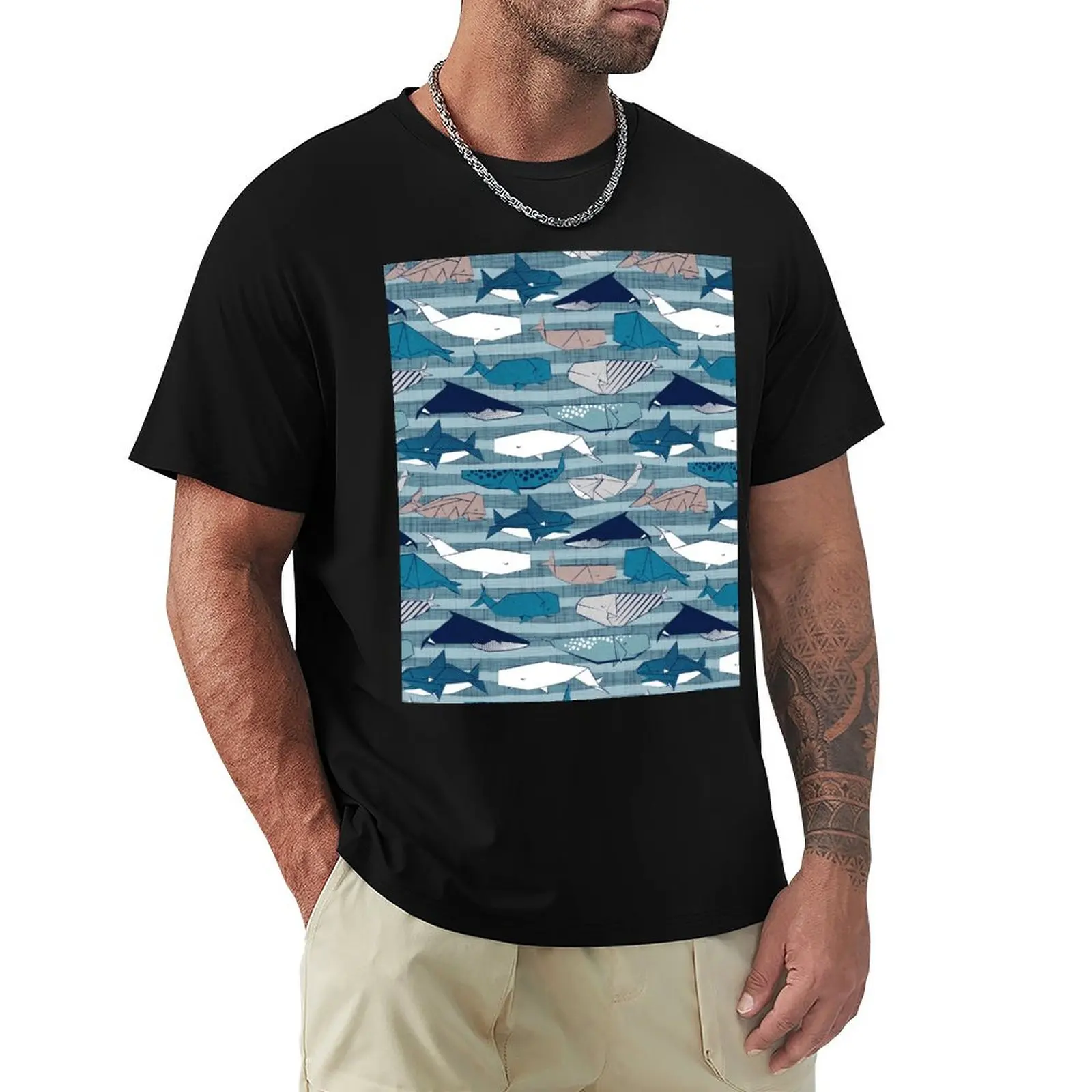 Origami Sea // linen texture and nautical stripes background teal white and taupe whales T-Shirt
Origami Sea // linen texture and nautical stripes background teal white and taupe whales T-Shirt