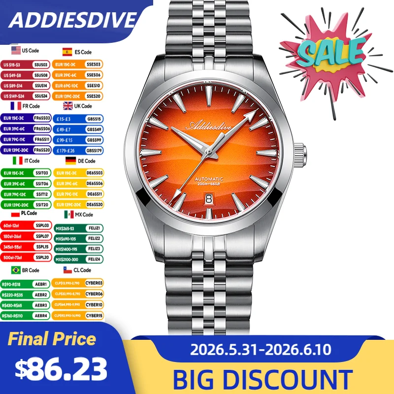 ADDIESDIVE Men Watch AD2540 39mm Sappphire Automatic 8215 Mechanical Watches BGW9 Luminous 316L Stainless Steel 200m Waterproof
ADDIESDIVE Men Watch AD2540 39mm Sappphire Automatic 8215 Mechanical Watches BGW9 Luminous 316L Stainless Steel 200m Waterproof