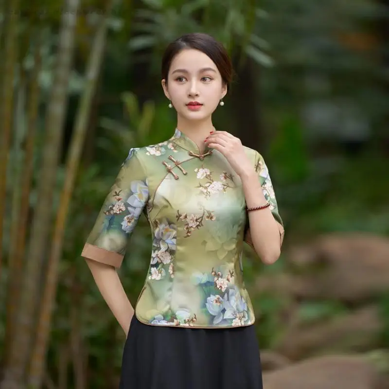 Satin Qipao Top Lady Elegant Blouse Flower Print Cheongsam Shirt Tradition Chinese Style Tang Clothes Spring Summer New Costume
Satin Qipao Top Lady Elegant Blouse Flower Print Cheongsam Shirt Tradition Chinese Style Tang Clothes Spring Summer New Costume