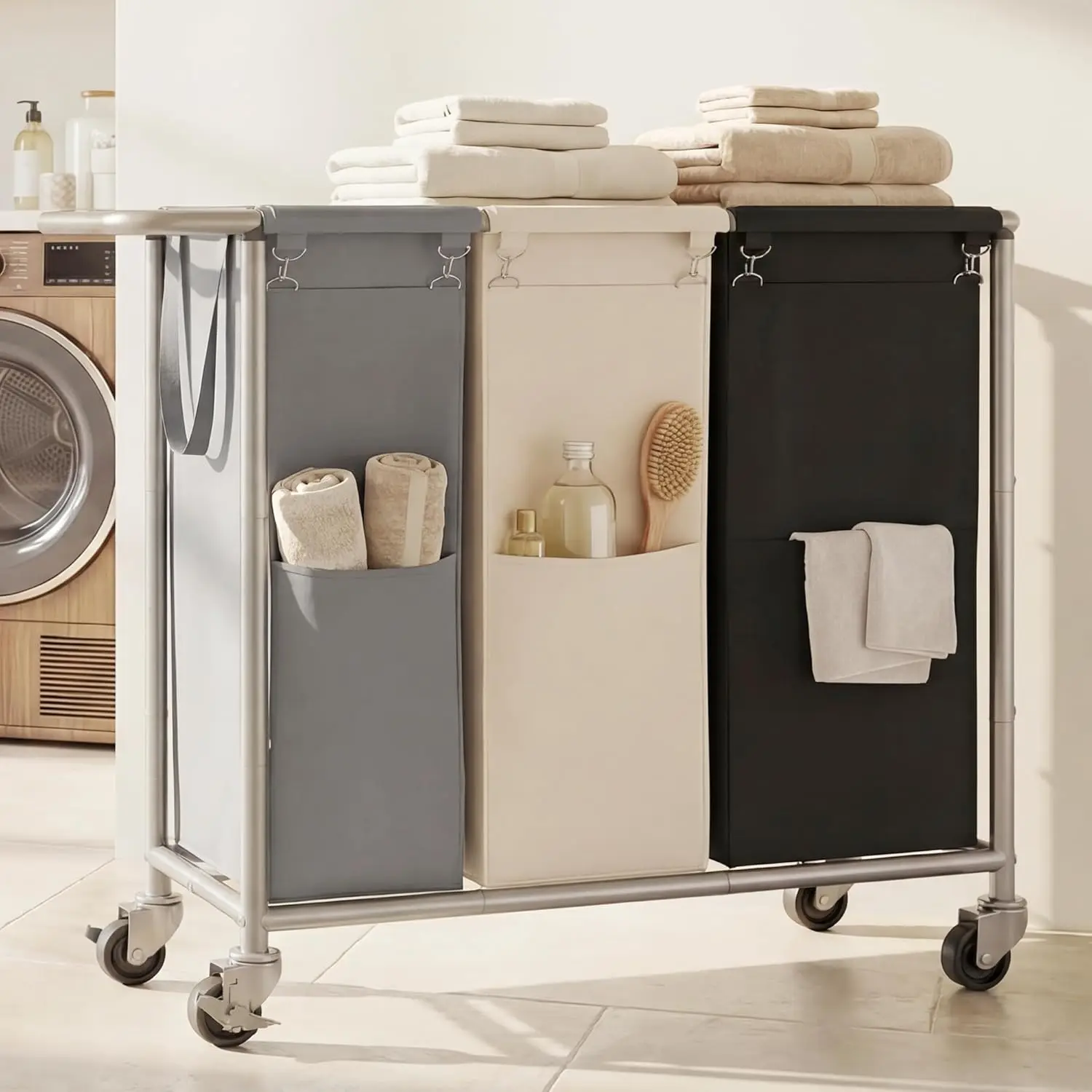 3-Section Laundry Sorter Hamper, Rolling Laundry Hamper with Removable Bags, Heavy-Duty Steel Frame, 3 Large 18.5-Gallon Bags,
3-Section Laundry Sorter Hamper, Rolling Laundry Hamper with Removable Bags, Heavy-Duty Steel Frame, 3 Large 18.5-Gallon Bags,