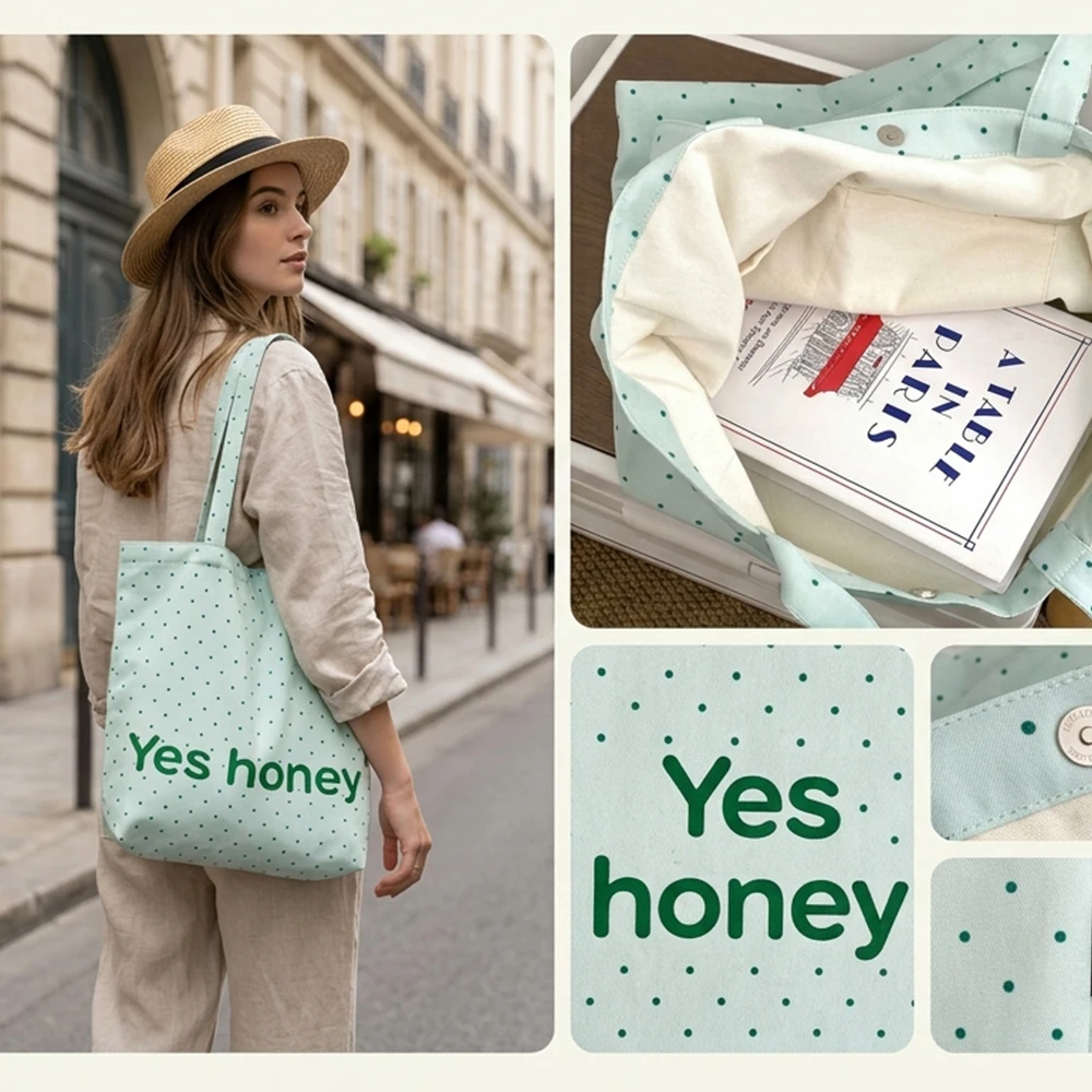 Милая холщовая сумка-тоут в горошек с принтом «Yes Honey», вместительная сумка через плечо для женщин, модная студенческая сумка-книжка в корейском стиле
Милая холщовая сумка-тоут в горошек с принтом «Yes Honey», вместительная сумка через плечо для женщин, модная студенческая сумка-книжка в корейском стиле