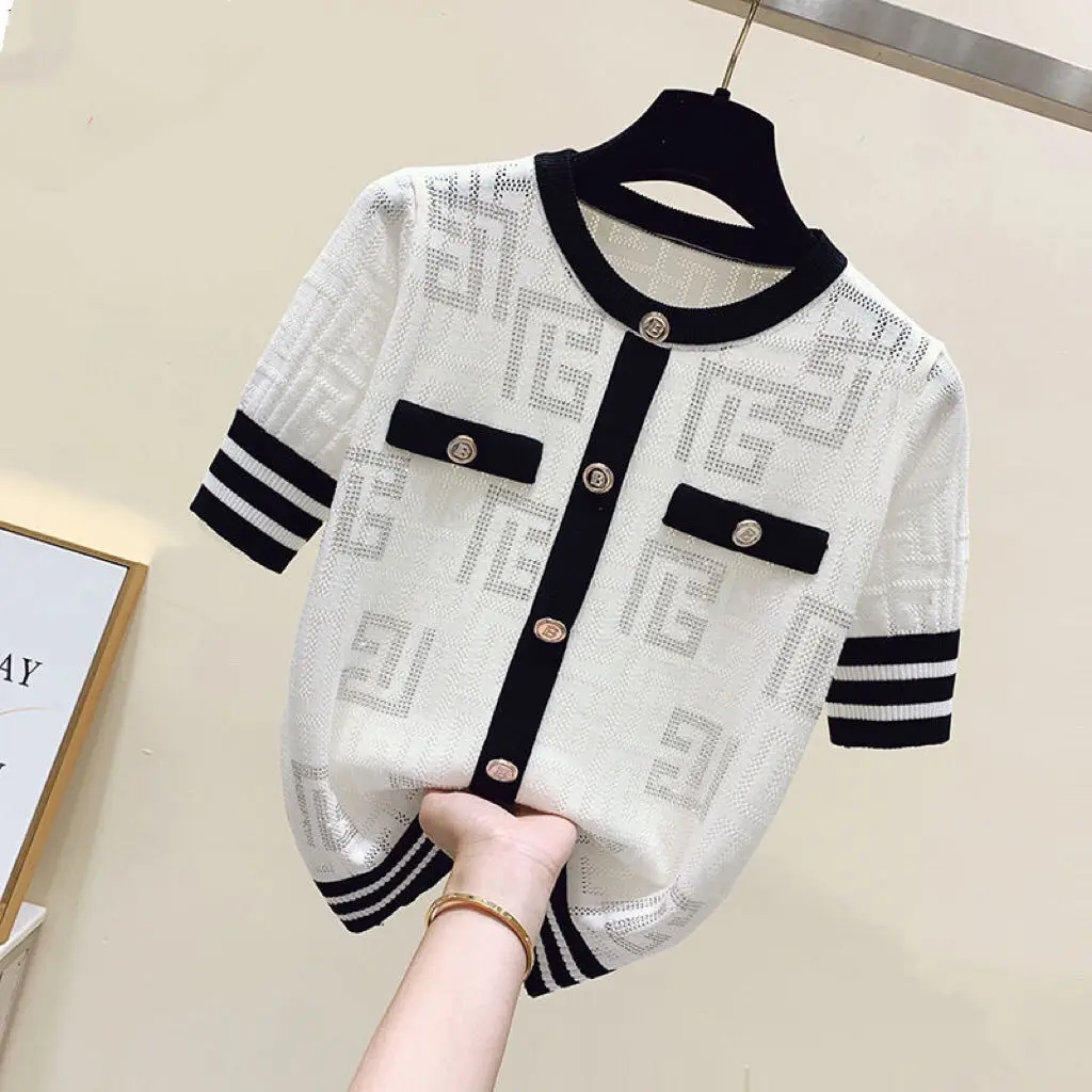 Ladies Fashion Diamonds Patchwork Short Sleeve Knitting T-Shirts Summer Temperament Geometric Thin O-neck Pullover Top Tee Women
Ladies Fashion Diamonds Patchwork Short Sleeve Knitting T-Shirts Summer Temperament Geometric Thin O-neck Pullover Top Tee Women