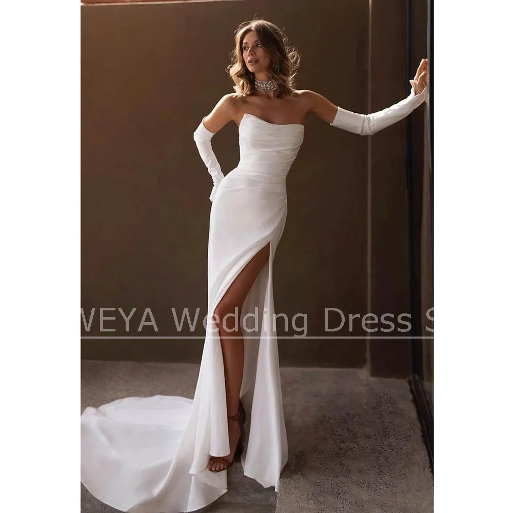 White Strapless Evening Dresses with Ruched Pleated High Side Slit Mermaid Prom Gowns Fashion Sweep Train Wedding Dresses
White Strapless Evening Dresses with Ruched Pleated High Side Slit Mermaid Prom Gowns Fashion Sweep Train Wedding Dresses