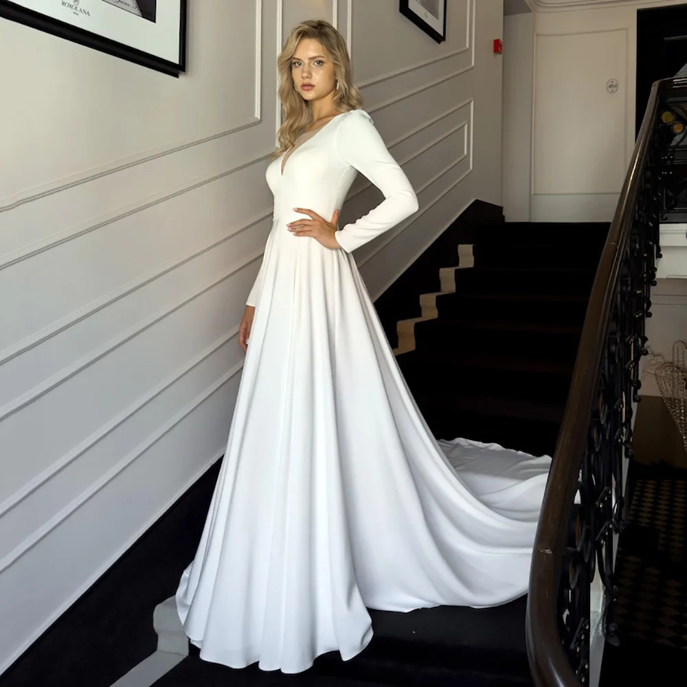 Modern Wedding Dresses For Brides A-Line Sweep Train V-neck Long Sleeves Bride Gown Elegant Women's Bridal Dress Customized
Modern Wedding Dresses For Brides A-Line Sweep Train V-neck Long Sleeves Bride Gown Elegant Women's Bridal Dress Customized
