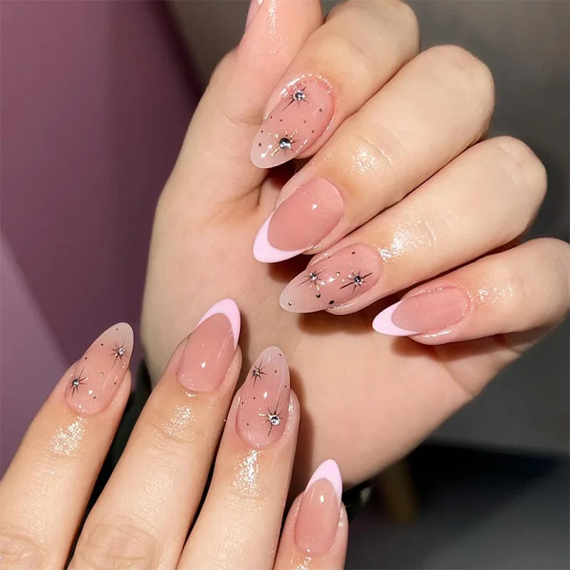 24PCS Pink Sweet French Fake Nails with Star Diamonds Decorations Simple Nude Almond Press on Nail for Women Patch Wearable Tips
24PCS Pink Sweet French Fake Nails with Star Diamonds Decorations Simple Nude Almond Press on Nail for Women Patch Wearable Tips