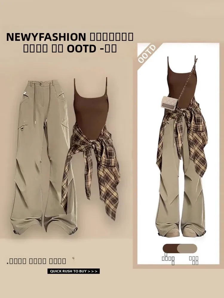 Spring Summer Women's Plaid Sun Protection Shirt Strap Vest High Waist Workwear Pants Three Piece Set Fashionable Casual Outfit
Spring Summer Women's Plaid Sun Protection Shirt Strap Vest High Waist Workwear Pants Three Piece Set Fashionable Casual Outfit