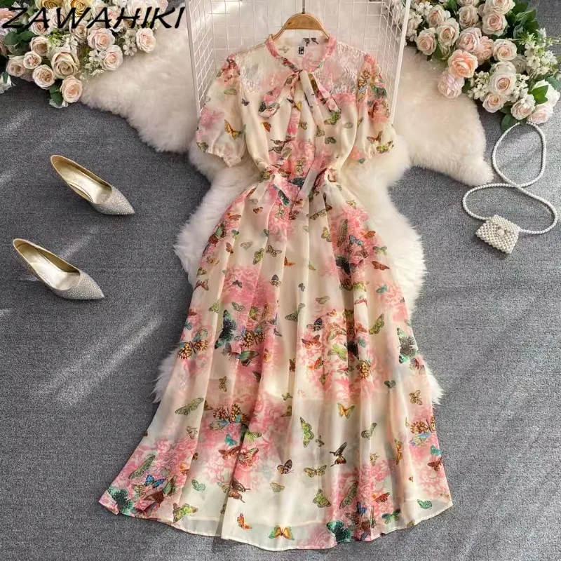 Summer Dress Women Vintage Bow Temperament Vestidos Puff Sleeve Floral Chiffon Ropa Mujer Pleated Office Lady Fashion Femme Robe
Summer Dress Women Vintage Bow Temperament Vestidos Puff Sleeve Floral Chiffon Ropa Mujer Pleated Office Lady Fashion Femme Robe