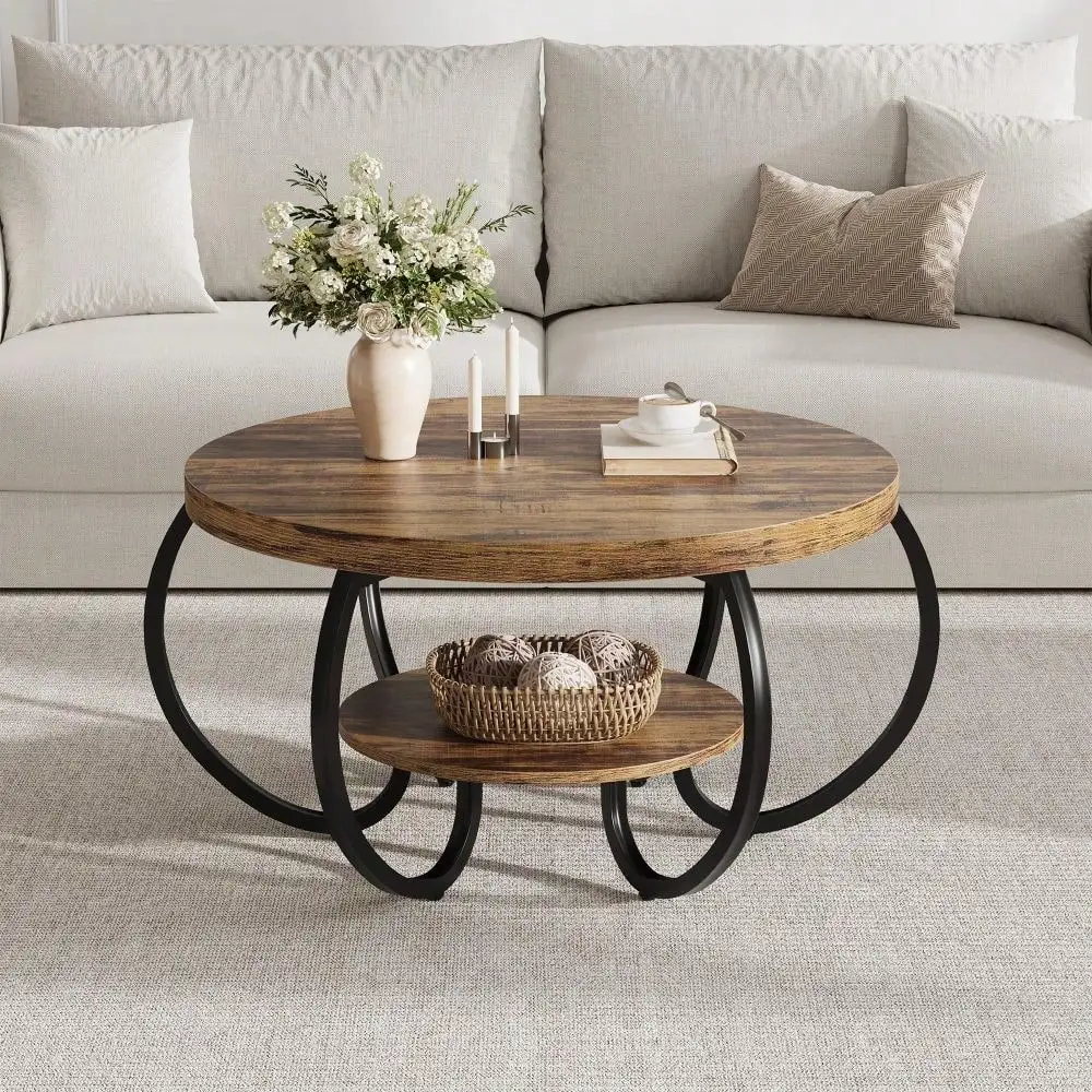 Farmhouse Coffee Table,30" Round Coffee Table,2 Tier Rustic Wood Center Table With Storage Shelf,Curved Metal Legs,Compact Circle Coffee Table For Small Spaces Living Room Apartments Office
Farmhouse Coffee Table,30" Round Coffee Table,2 Tier Rustic Wood Center Table With Storage Shelf,Curved Metal Legs,Compact Circle Coffee Table For Small Spaces Living Room Apartments Office