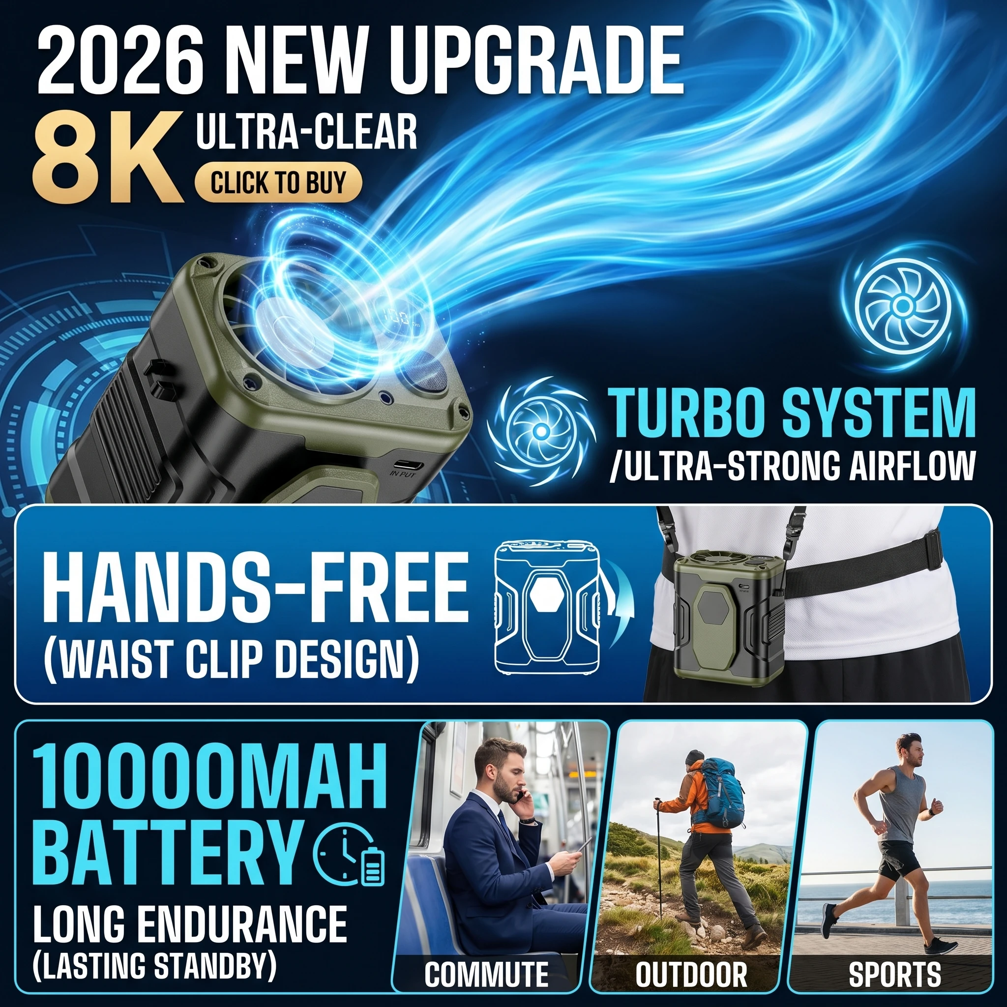 2026 New Upgrade 10000mAh Portable Waist Fan With Power Bank LED Lighting Hanging Neck Fan 5 Speed Strong Airflow Cooling Fan
2026 New Upgrade 10000mAh Portable Waist Fan With Power Bank LED Lighting Hanging Neck Fan 5 Speed Strong Airflow Cooling Fan