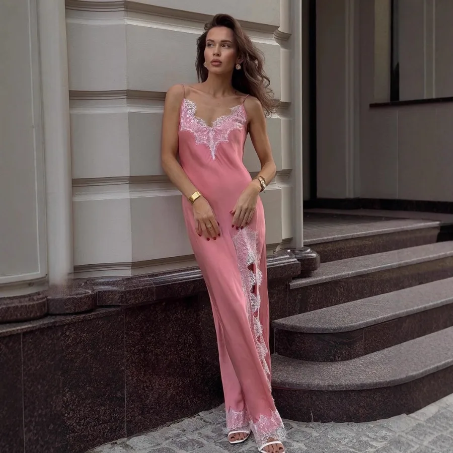 【New style】Lace lace suspender long dress 2026 summer imitation silk sexy split stitching lace dress for women
【New style】Lace lace suspender long dress 2026 summer imitation silk sexy split stitching lace dress for women