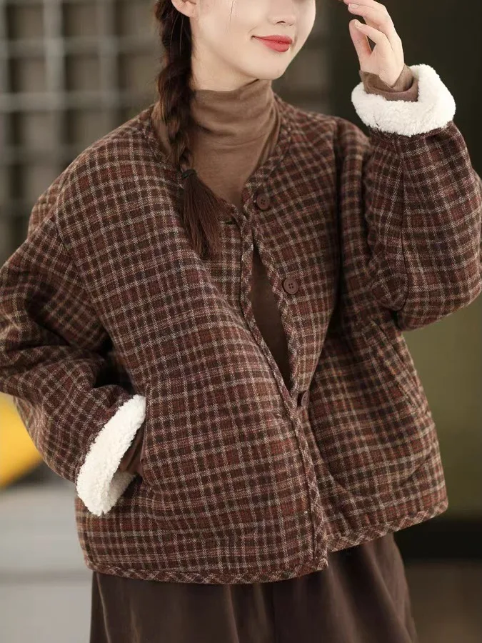 Retro Sle Fce Lined Thiened Plaid Woolen ort Coat Women Winter Small Size Casual round Ne Cotton Top Warmth
Retro Sle Fce Lined Thiened Plaid Woolen ort Coat Women Winter Small Size Casual round Ne Cotton Top Warmth