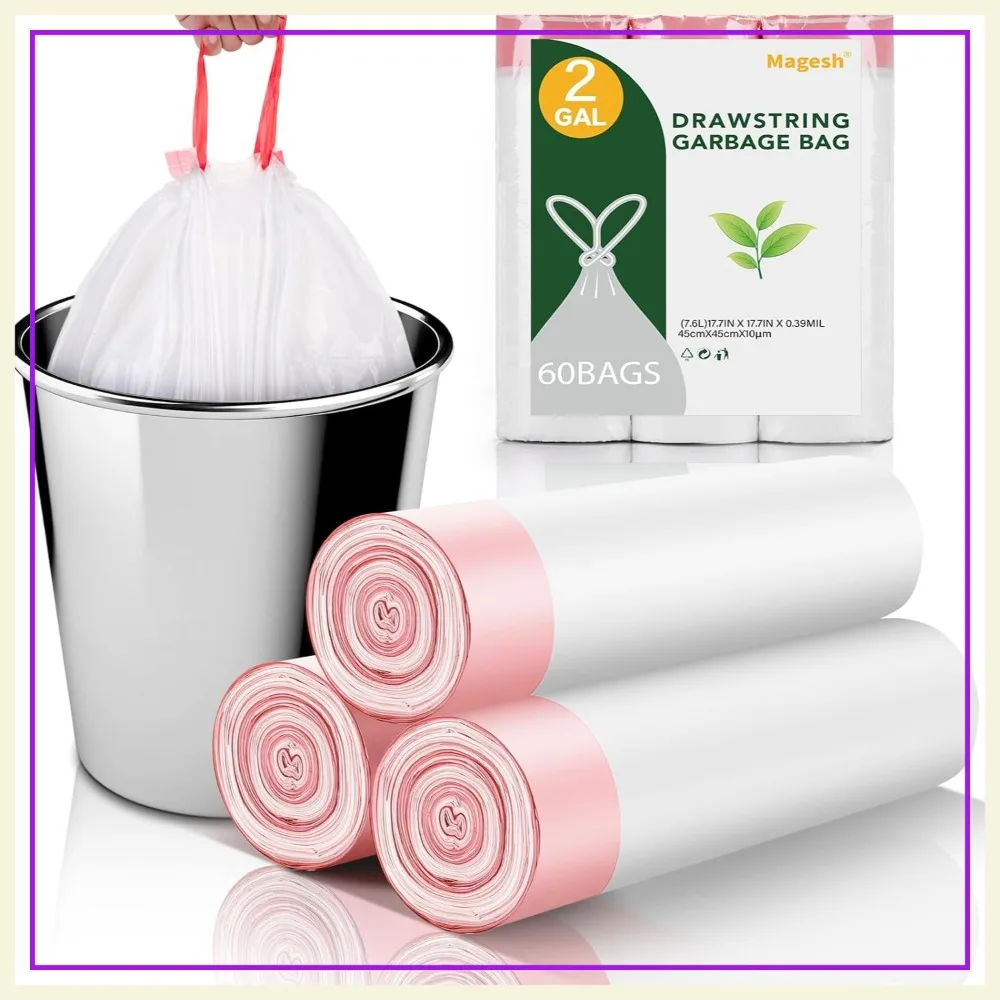 2 Gallon Small Trash Bags with Drawstring, 60 Count, White, Unscented, 7.5L, for Bathroom Kitchen Office Car
2 Gallon Small Trash Bags with Drawstring, 60 Count, White, Unscented, 7.5L, for Bathroom Kitchen Office Car