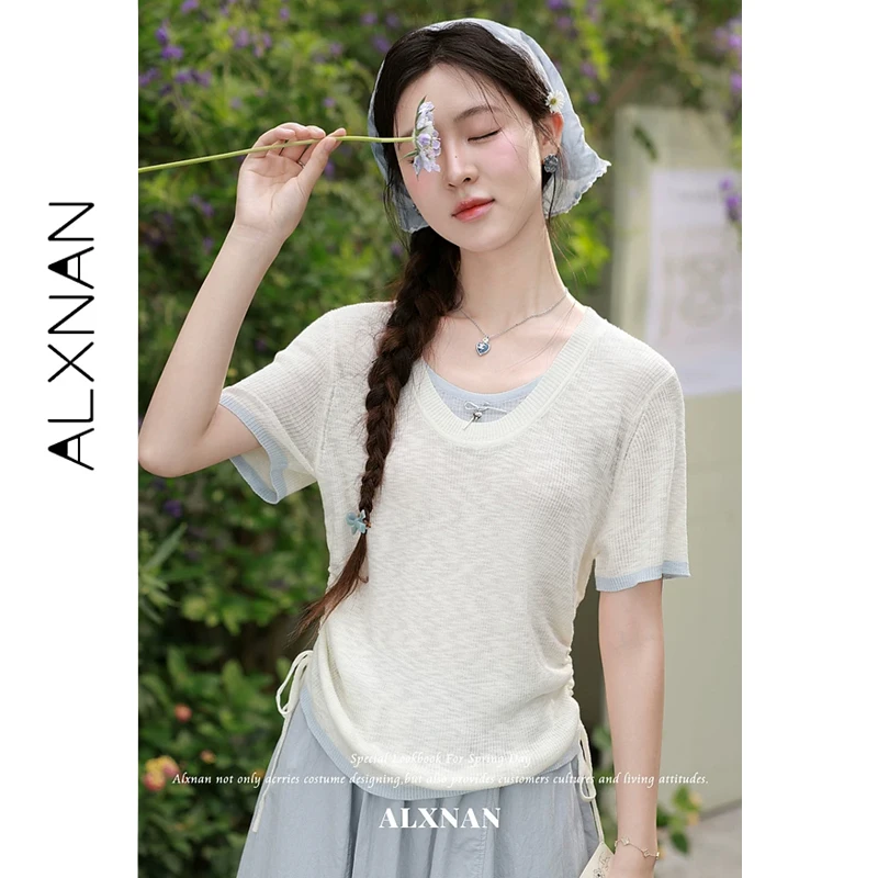 ALXNAN Apricot Knitted Short Sleeve T-shirt Women Square Neck Color Contrast Fake Two-piece Drawstring Casual T-shirts L65509
ALXNAN Apricot Knitted Short Sleeve T-shirt Women Square Neck Color Contrast Fake Two-piece Drawstring Casual T-shirts L65509