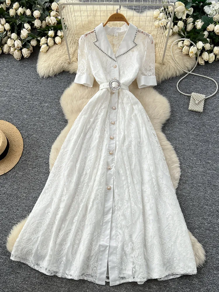 French Light Luxury Diamond-encrusted Lace Hollow Women Dress Single-breasted Waist-cinching Slim Temperament Chic Lady Dress
French Light Luxury Diamond-encrusted Lace Hollow Women Dress Single-breasted Waist-cinching Slim Temperament Chic Lady Dress