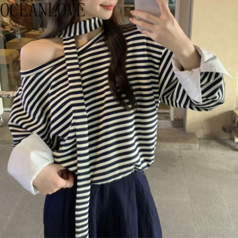 OCEANLOVE T-shirts Fake 2 Pieces Stripes Spring Autumn Korean Fashion Chic T Shirt for Women Skew Collar Vintage Ropa De Mujer
OCEANLOVE T-shirts Fake 2 Pieces Stripes Spring Autumn Korean Fashion Chic T Shirt for Women Skew Collar Vintage Ropa De Mujer