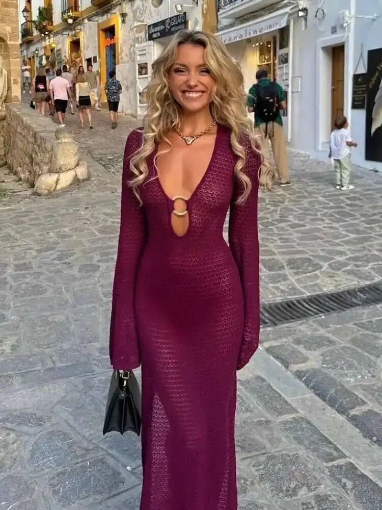 Sexy Metal Ring Splicing Women V-neck Split Crochet Dress Chic Flared Sleeve Slim Hollow Out Robes Lady Beach Vacation BQ8W
Sexy Metal Ring Splicing Women V-neck Split Crochet Dress Chic Flared Sleeve Slim Hollow Out Robes Lady Beach Vacation BQ8W