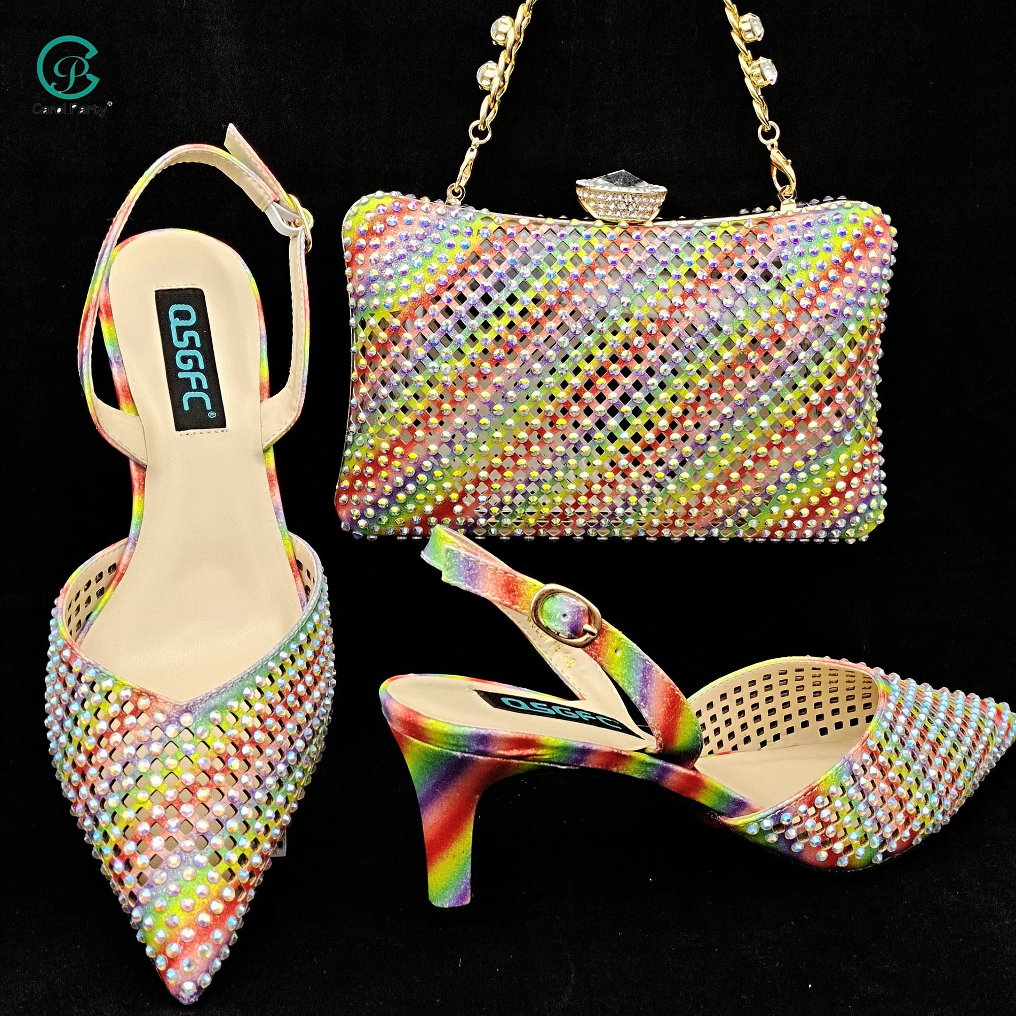 QSGFC Rainbow Nigeria Fashion Hollow Transparent Design High Heels Diamond Shiny Women's Sandals Party Pointed Shoe Bag Set
QSGFC Rainbow Nigeria Fashion Hollow Transparent Design High Heels Diamond Shiny Women's Sandals Party Pointed Shoe Bag Set