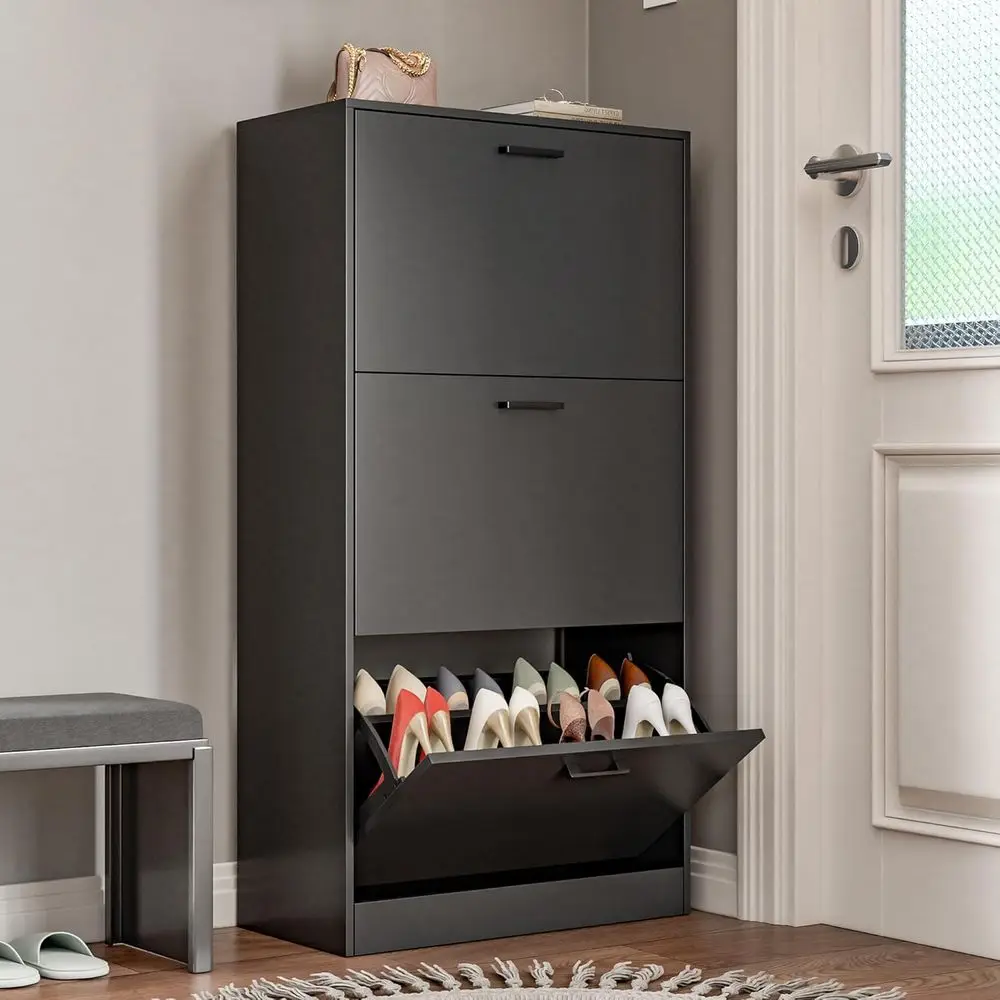Black Narrow Freestanding Shoe Cabinet with 3 Flip Drawers, Slim Hidden Storage Organizer for Entryway Hallway Living Room
Black Narrow Freestanding Shoe Cabinet with 3 Flip Drawers, Slim Hidden Storage Organizer for Entryway Hallway Living Room