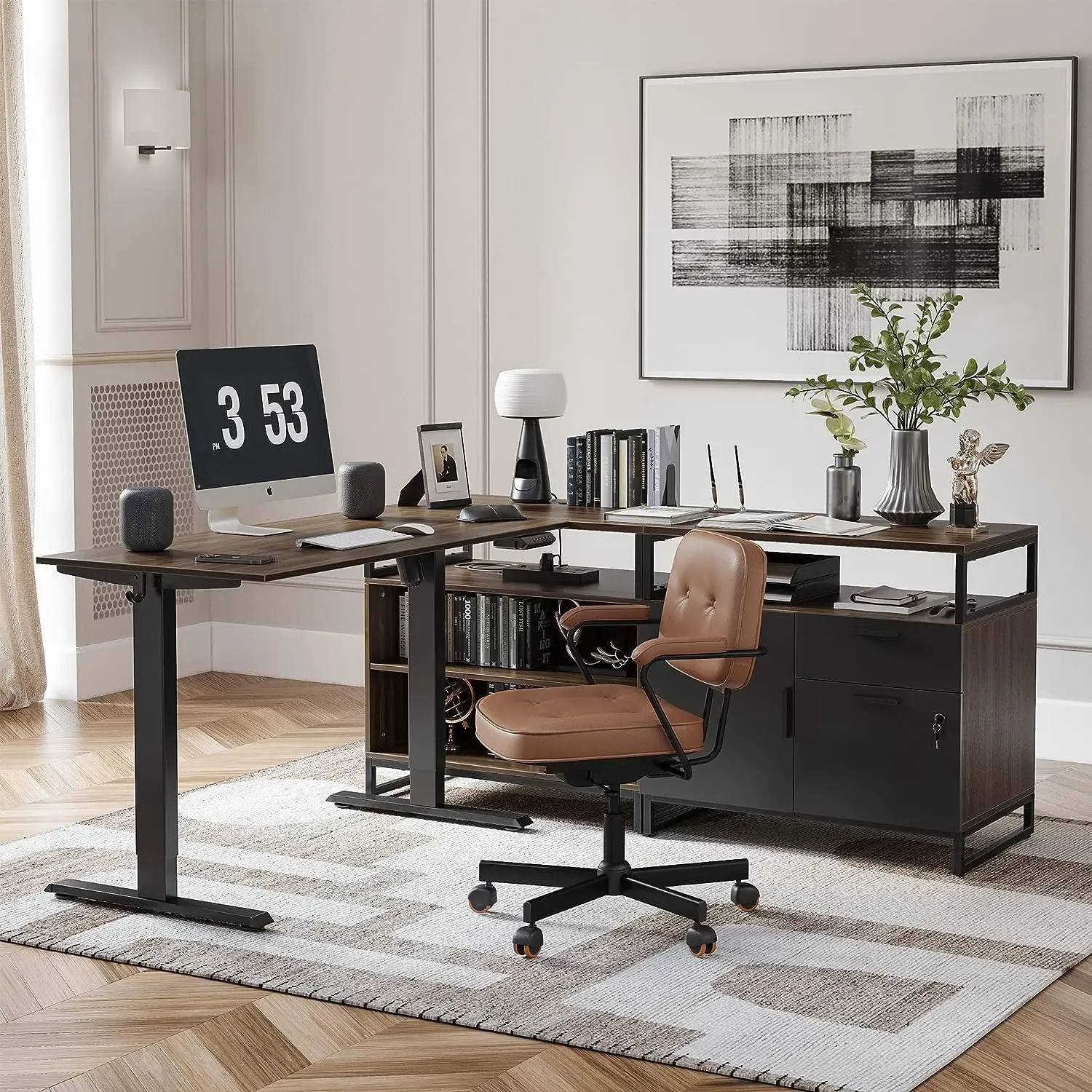66 Inch L Shaped Standing Desk with Drawers & Shelves, Executive Table Adjustable Height, Black Walnut Top/Black Frame
66 Inch L Shaped Standing Desk with Drawers & Shelves, Executive Table Adjustable Height, Black Walnut Top/Black Frame